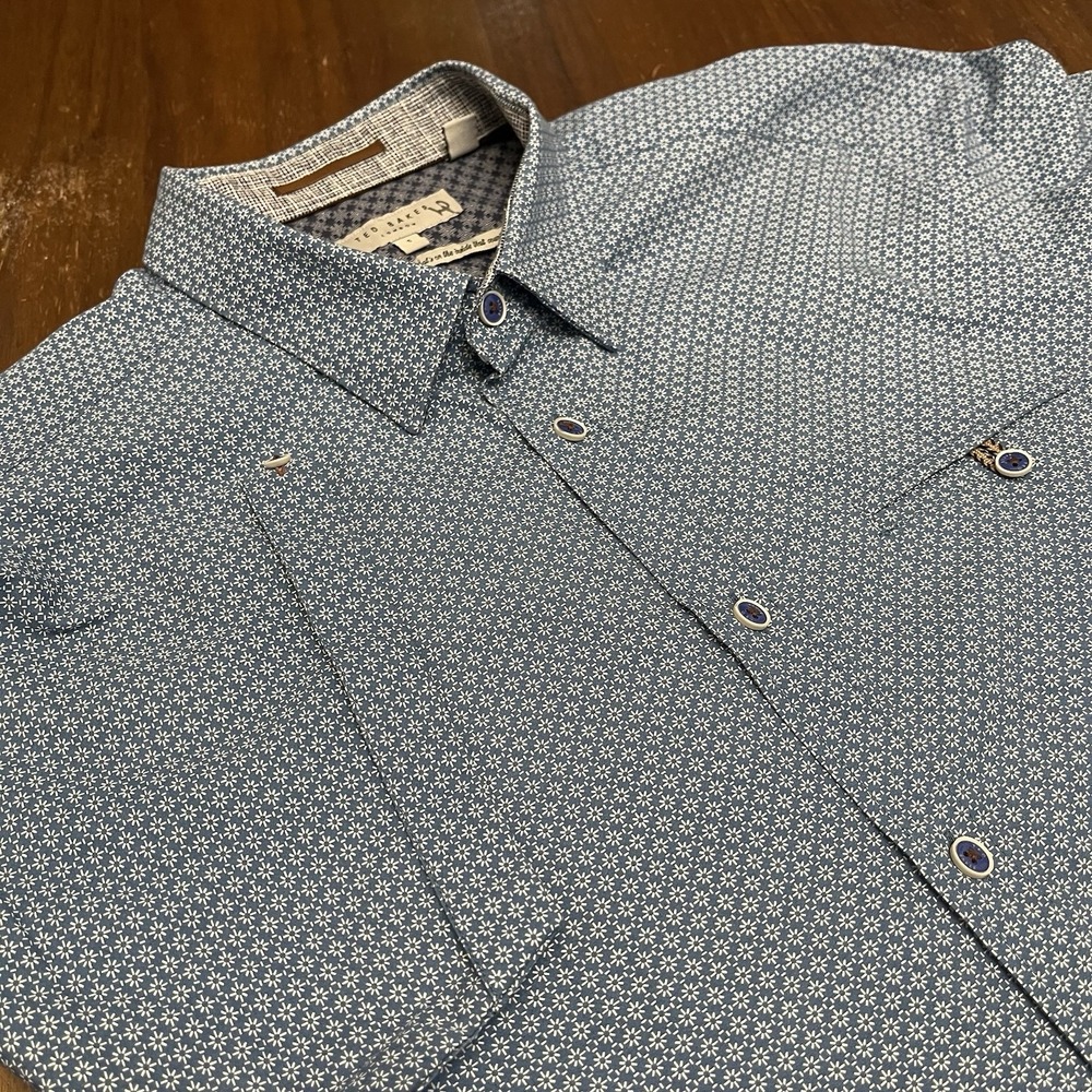 Ted Baker London Men's 5 L Geometric Print Short Sleeve Blue Shirt